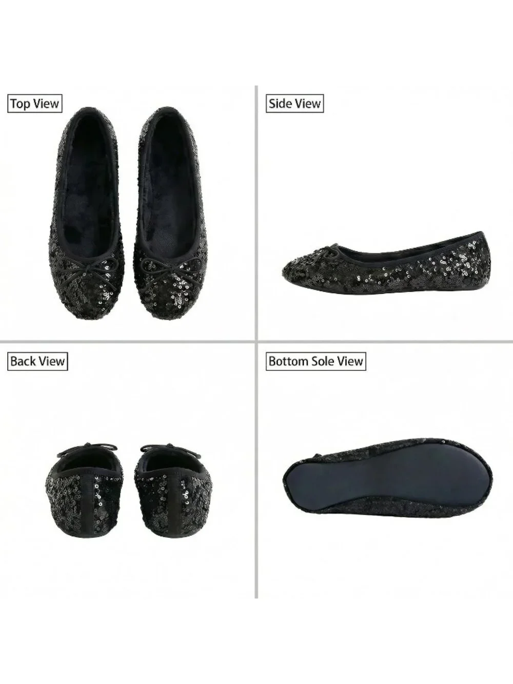Women's Black Sequin Fit in Your Purse Round Toe Foldable Ballet Flat Shoes